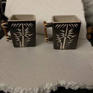 Square Bamboo Handle Mugs - Black and Cream